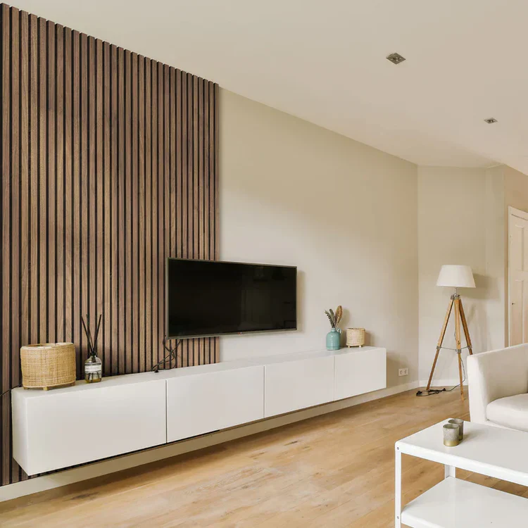 Living room with slatted wall panels